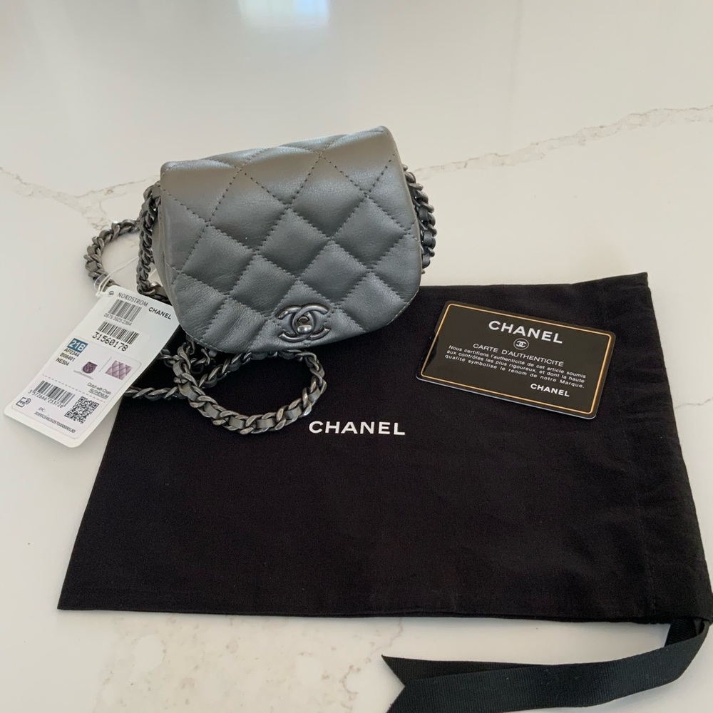 NWT Authentic CHANEL quilt metallic pewter mini purse